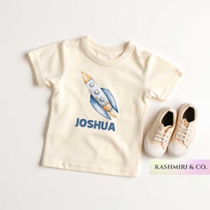 Personalized Space Rocket Launch Toddler Shirt Spaceship Scienc Baby Tee Outer Space Birthday Party Theme Natural Boho Custom Name Youth Tee