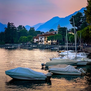 Sailboats at Sunset Lake Como Italy Photo Canvas Metal Living room colorful