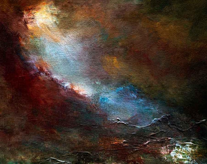 Breakthrough'. This fine art print invites you into a world of dramatic contrast, where deep, earthy tones give way to an ethereal light.