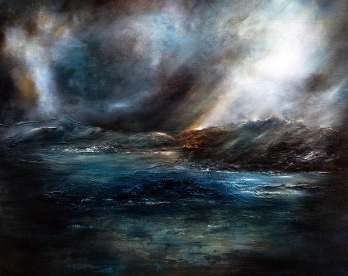 Fine art Giclee print. 'Into the blue' an atmospheric panoramic seascape with deep blues and subtle light from the beautiful light at dusk.