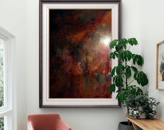 Fine art print 'Hidden Light'. Contemporary, atmospheric and dramatic skyline with impasto, vivid russet, red tones. Vibrant urban scene.