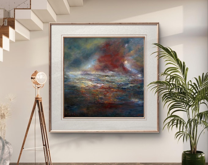 Fine art Giclee print. 'Solace in red' Atmospheric seascape. Rich impasto painting with vivid reds and blues and beautiful light.