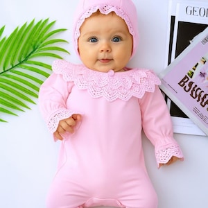 Baby Girl Pink White Lace Romper | Luxury Newborn Hospital Outfit 0-6 Months | Baptism & Special Occasion Layette Gift