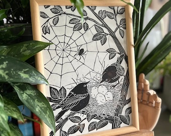 Bird's Nest Linocut - Original handmade art