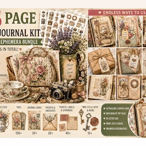 May include: A 25-page junk journal kit featuring a vintage ephemera bundle with over 250 items. The kit includes floral-themed fussy cuts, tags, journal cards, pockets, envelopes, labels, tickets, wax seals, and keys for scrapbooking and card making.