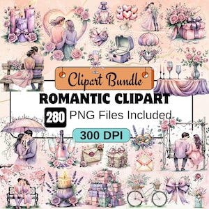 280Romantic Clipart, akwarela romans PNG Bundle, miłość clipart, rocznica png, kochanie, para clipart, randka nocna cardmaking, bazgroły png
