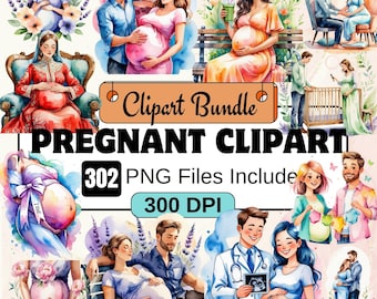 Paquete de imágenes prediseñadas de acuarela de embarazadas, imágenes prediseñadas de parto PNG, descarga digital, ilustración de embarazo, maternidad PNG, 302 imágenes prediseñadas de embarazadas