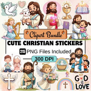 Puede incluir: Una colección de pegatinas cristianas lindas con ilustraciones de Jesús, ángeles, palomas y otros símbolos religiosos. Las pegatinas incluyen el texto "Clipart Bundle" y "Cute Christian Stickers", con 215 archivos PNG y 300 DPI.
