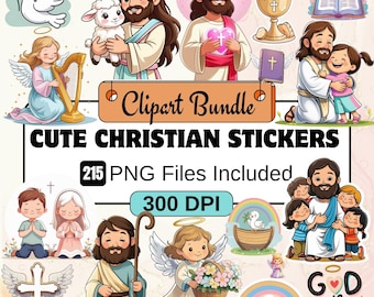 May include: A collection of cute Christian stickers featuring illustrations of Jesus, angels, doves, and other religious symbols. The stickers include the text "Clipart Bundle" and "Cute Christian Stickers", with 215 PNG files and 300 DPI.