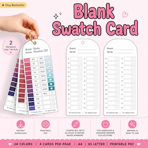 May include: A set of blank swatch cards for markers, featuring a ring-bound stack with pre-filled color samples and two blank templates. The cards include fields for brand and series names, numbered rows from 01 to 24, and circular checkboxes.