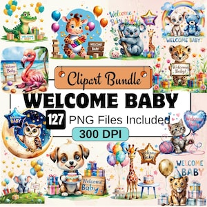 127 welkom baby clipart, decor kwekerij, pasgeboren baby clipart, schattige safari dieren clipart, babyshower, digitale prints, kwekerij clipart bundel