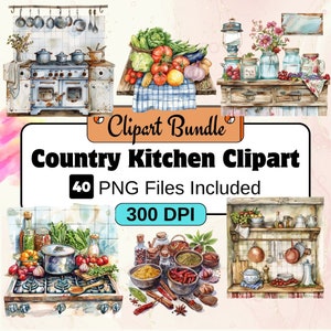 Country Kitchen Clipart, Pacote PNG de cozinha em aquarela, Pacote com 40 clipart de culinária rústica, Download digital instantâneo, Uso comercial