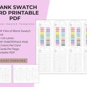 May include: A digital template for a blank swatch card printable PDF. The document features eight arched tags per page, each with twenty-four color boxes, lines for brand and series names, and a circular hole at the top for organization.