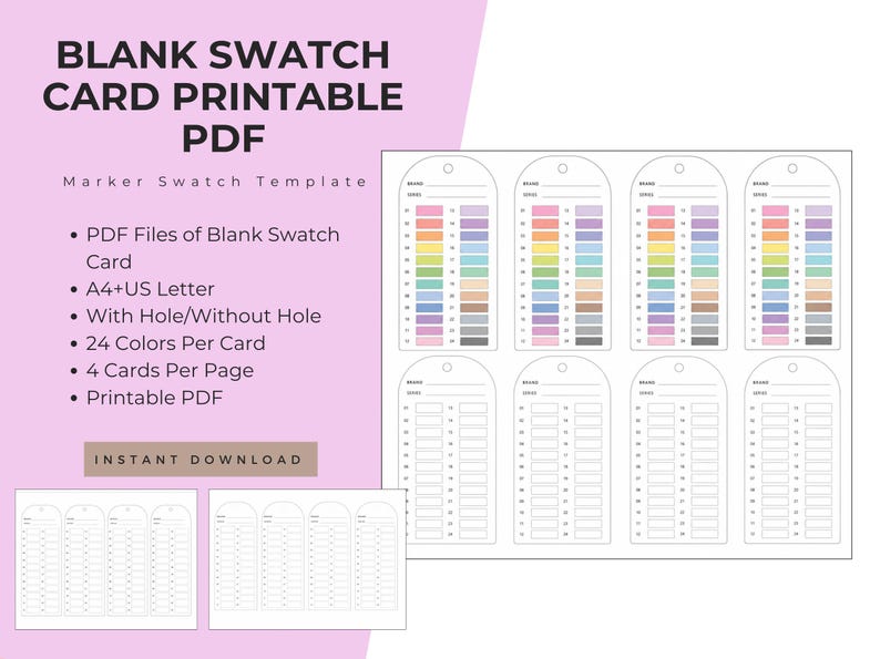 May include: A digital template for a blank swatch card printable PDF. The document features eight arched tags per page, each with twenty-four color boxes, lines for brand and series names, and a circular hole at the top for organization.