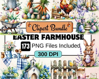 May include: A digital clipart bundle of 173 Easter farmhouse themed PNG files. The images include a rooster, a bunny, a church, a fence, a wheelbarrow, a ladder, a lantern, a rocking chair, flowers, eggs, and carrots. The images are in a watercolor style and are 300 DPI.