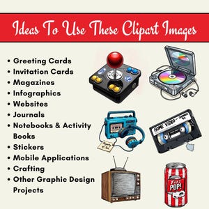 Op de afbeelding: Digitale illustratie met retro clip-art elementen. Inbegrepen zijn een joystick, een draagbare cd-speler, een boombox met koptelefoon, een VHS-band, een vintage tv en een frisdrankblikje. De tekst bovenaan luidt "Idee&euml;n om deze clipart-afbeeldingen te gebruiken."