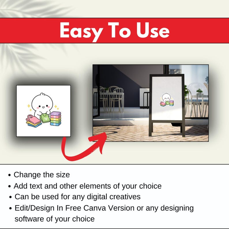 May include: A digital graphic featuring a white cartoon character with a round head and small limbs, shown folding colorful stacks of laundry. The image includes a red arrow pointing toward a black A-frame sign displaying the same character illustration.