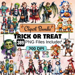 389 Trick or Treat Kids Clipart, Halloween Children Clipart, Watercolor Halloween Clipart PNG Bundle, Cute Halloween,Halloween kids,