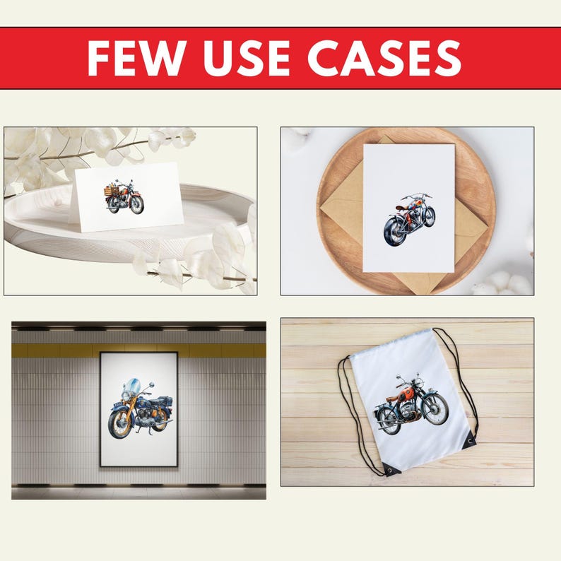 May include: Four different examples of how to use a vintage motorcycle illustration. The illustration is shown on a greeting card, a drawstring bag, a framed print, and a greeting card on a plate.