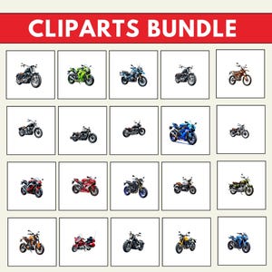 May include: A collection of 20 motorcycle clipart images. The motorcycles are in various colours, styles, and sizes. The images are perfect for use in digital projects, such as websites, social media, and presentations.