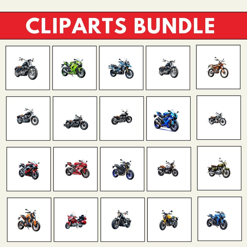 May include: A collection of 20 motorcycle clipart images. The motorcycles are in various colours, styles, and sizes. The images are perfect for use in digital projects, such as websites, social media, and presentations.