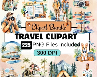 Travel Clipart Bundle, Vacation Holiday Graphics, 225 Travel Clipart PNG Bundle, Instant Download, Commercial Use