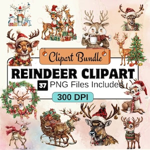 Reindeer Clipart, Christmas Clipart PNG Bundle, 37 PNG Reindeer Clipart Bundle, Instant Digital Download, Commercial Use
