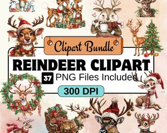 Imágenes prediseñadas de renos, paquete de imágenes PNG navideñas, paquete de 37 imágenes PNG de renos, descarga digital instantánea, uso comercial