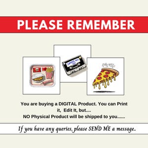 Op de afbeelding: Afbeelding met de tekst "PLEASE REMEMBER" bovenaan. Hieronder illustraties van een fastfoodtray, een cassettebandje met het label "SUMMER MIX 839" en een pizzapunt. Tekst geeft aan dat dit een digitaal product is.