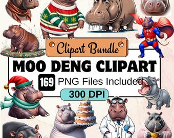 Moo Deng PNG, Baby Pygmy Hippo Clipart PNG Bundle, 169 PNG Moo Deng Clipart Bundle, Instant Digital Download, Commercial Use