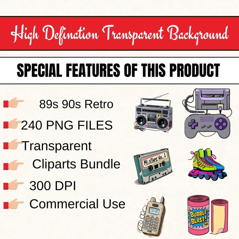 Op de afbeelding: Afbeelding met retro clip art uit de jaren 80 en 90. Bevat een boombox, een videogameconsole, rolschaatsen, een cassettebandje, een mobiele telefoon en kauwgom. Tekst benadrukt kenmerken: 240 PNG-bestanden, transparant, clip art bundel, 300 DPI en commercieel gebruik.