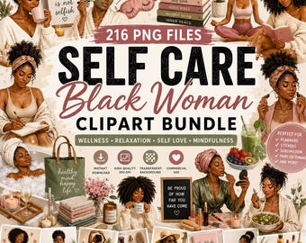 Self Care Black Woman Clipart Bundle, Afro Woman Wellness PNG Melanin Self Love Clipart, Spa Relaxation, Natural Hair PNG,Sublimation Design