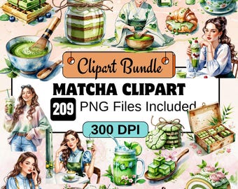 209 Matcha Clipart, Paquete PNG de matcha femenino en acuarela, Café estético PNG, matcha latte clipart, café en acuarela, amantes del café PNG, té matcha