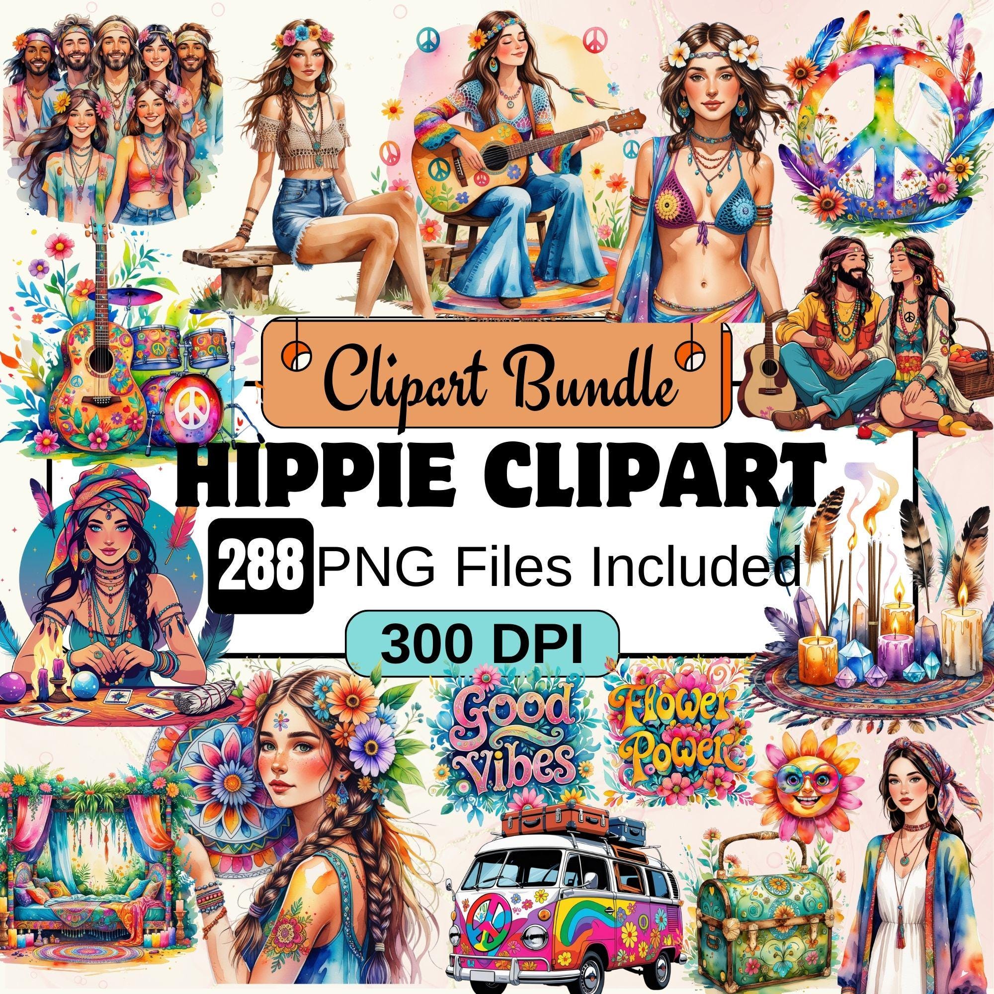 Hippie Clipart,Hippie soul PNG Bundle,Retro hippie clipart,psychedelic peace &love clipart bundle,Hippie girl png,hippie women png retro gal