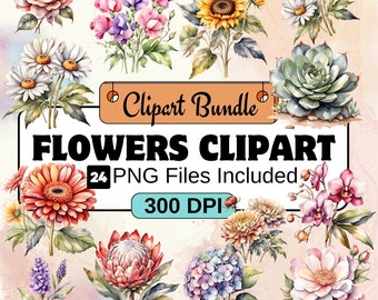 Flower Clipart, Flower Collection Clipart PNG Bundle, 24 PNG  Flowers Clipart Bundle, Instant Digital Download, Commercial Use