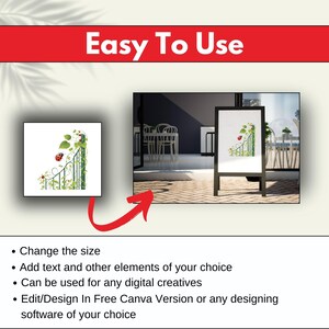 May include: A digital illustration of a green vine with red ladybugs and a metal gate. The illustration is on a white background and is shown on a black easel in a mock-up of a patio setting.