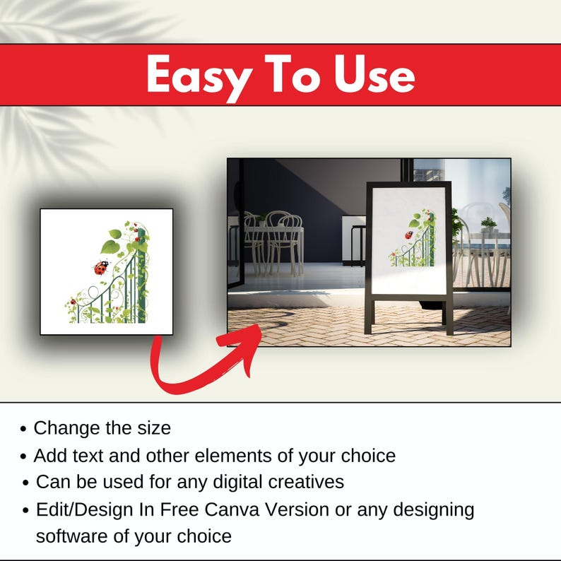 May include: A digital illustration of a green vine with red ladybugs and a metal gate. The illustration is on a white background and is shown on a black easel in a mock-up of a patio setting.