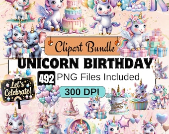 465 Unicorn Birthday Clipart Bundle PNG,Watercolor Unicorn Birthday PNG,Girl Birthday Party png,Rainbow Balloons,Cake,Unicorn party clipart