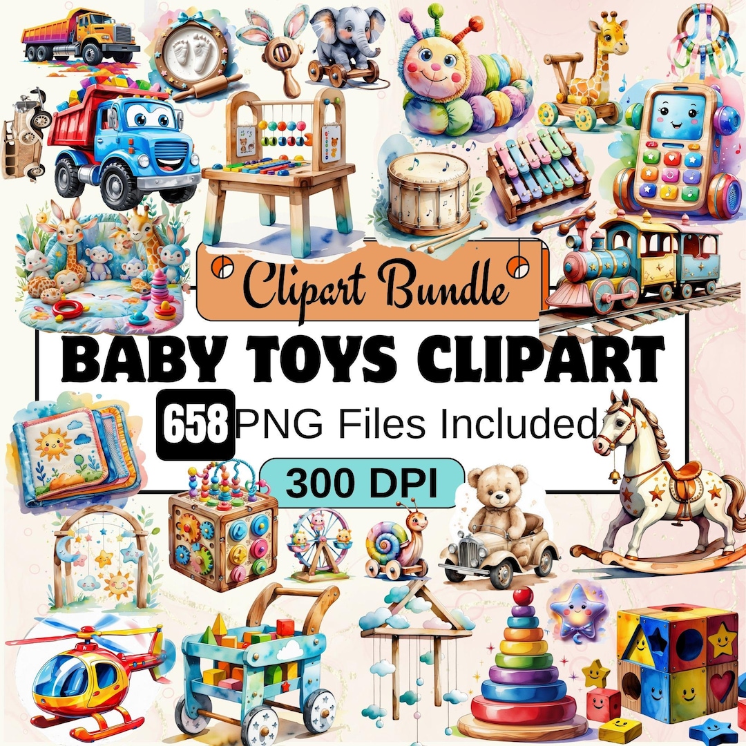 658 Baby Toys Clipart, Watercolor Nursery Clipart PNG Bundle, Cute ...