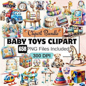 658 Brinquedos de bebê Clipart, Pacote de clipart de berçário em aquarela PNG, Imagens fofas de brinquedos infantis, Gráficos de brinquedos infantis, Brinquedos de bebê boho