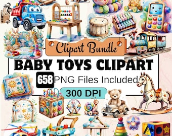 658 Baby Toys Clipart, Watercolor nursery Clipart PNG Bundle, Cute Infant Plaything Images,Children Toy Graphics, Boho baby toys