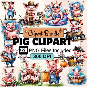 320 cochon Clipart Bundle, aquarelle cochon Clipart PNG Bundle, Images de cochon mignon, adorable ferme rustique graphiques PNG, téléchargement numérique