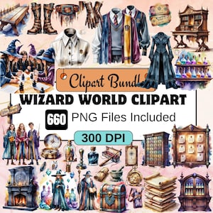 May include: A digital clipart bundle with a wizarding world theme. The image features illustrations of wizard attire, potion bottles, and magical accessories. Text on the image reads "Wizard World Clipart" and "660 PNG Files Included".