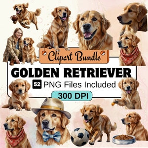 Golden Retriever Clipart, Pacote PNG de clipart de cachorro, 52 Pacote de clipart Golden Retriever PNG, download digital instantâneo, uso comercial