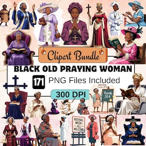 171 imágenes prediseñadas de mujer negra que asiste a la iglesia, paquete de imágenes prediseñadas de abuela negra PNG, abuela religiosa elegante, abuela afroamericana del domingo, religiosa