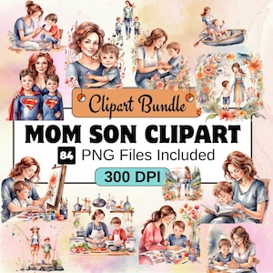 Clipart maman fils, famille Clipart PNG Bundle, 24 PNG maman fils Bundle, téléchargement numérique instantané, usage Commercial