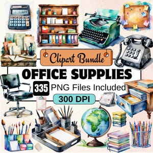 335 kantoorbenodigdheden aquarel clipart bundel set, thuiskantoor clipart png, digitale download, kantoorgraphics, junk journaling, 302 kantoor png