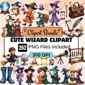 May include: A digital clipart bundle featuring cute wizard-themed illustrations. The image includes various wizards, owls, spell books, potions, and other magical elements. Text on the image reads "Clipart Bundle", "Cute Wizard Clipart", "262 PNG Files Included", and "300 DPI".