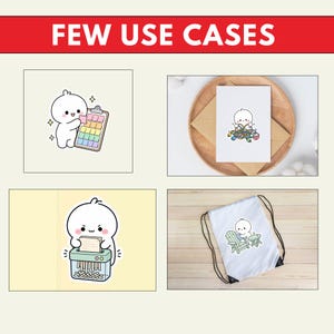 May include: A collage titled FEW USE CASES displaying four illustrations of a white cartoon character. The character is shown using a clipboard, holding tangled yarn, operating a paper shredder, and sitting in a chair with a small table.