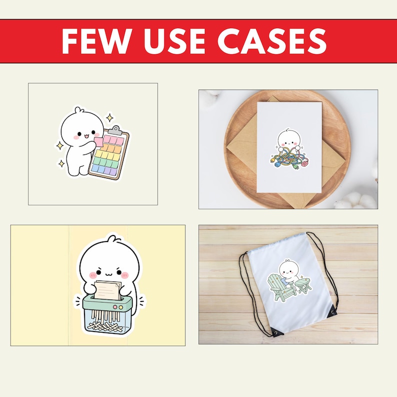 May include: A collage titled FEW USE CASES displaying four illustrations of a white cartoon character. The character is shown using a clipboard, holding tangled yarn, operating a paper shredder, and sitting in a chair with a small table.
